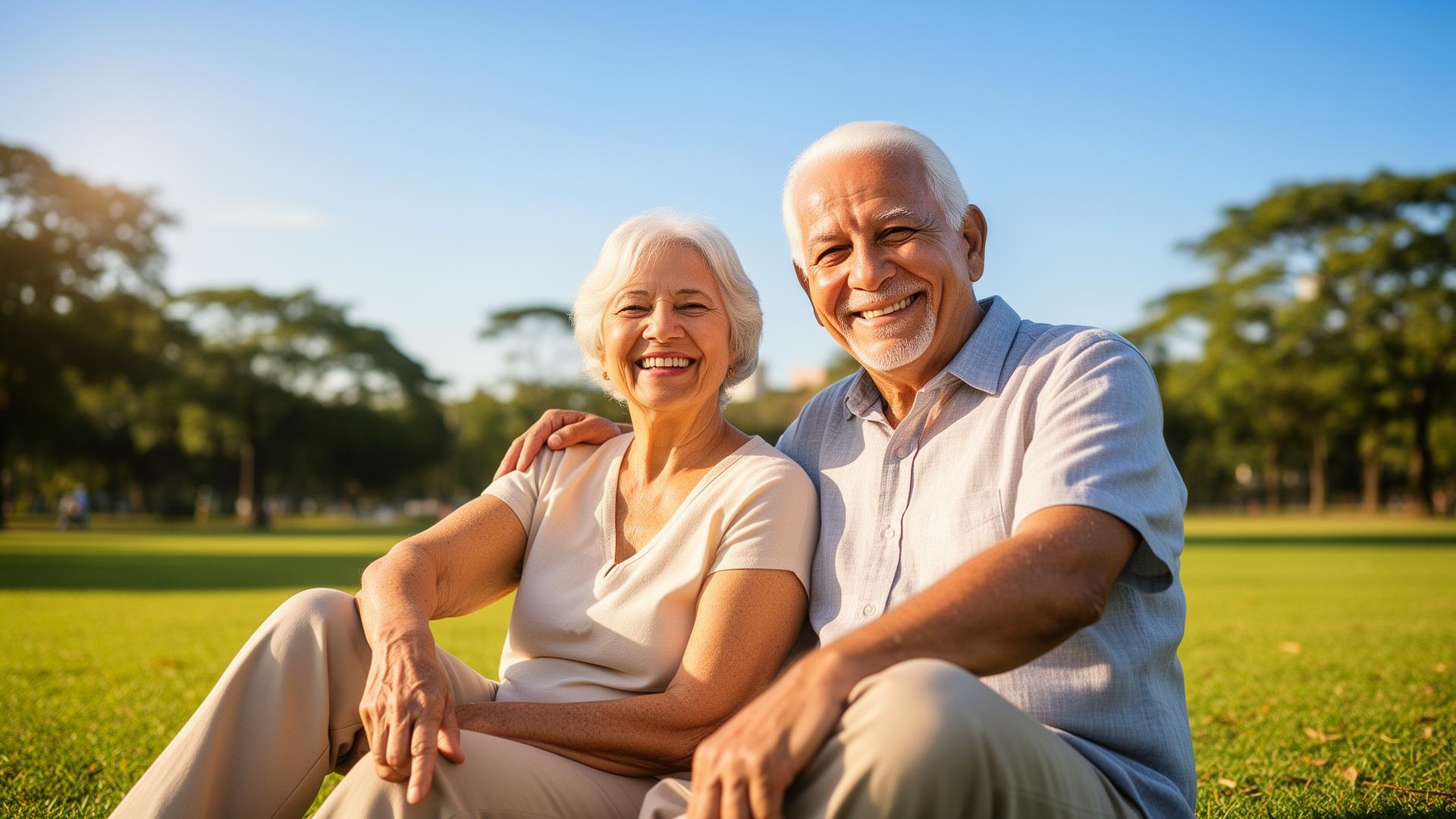 Casal aposentado feliz em um parque